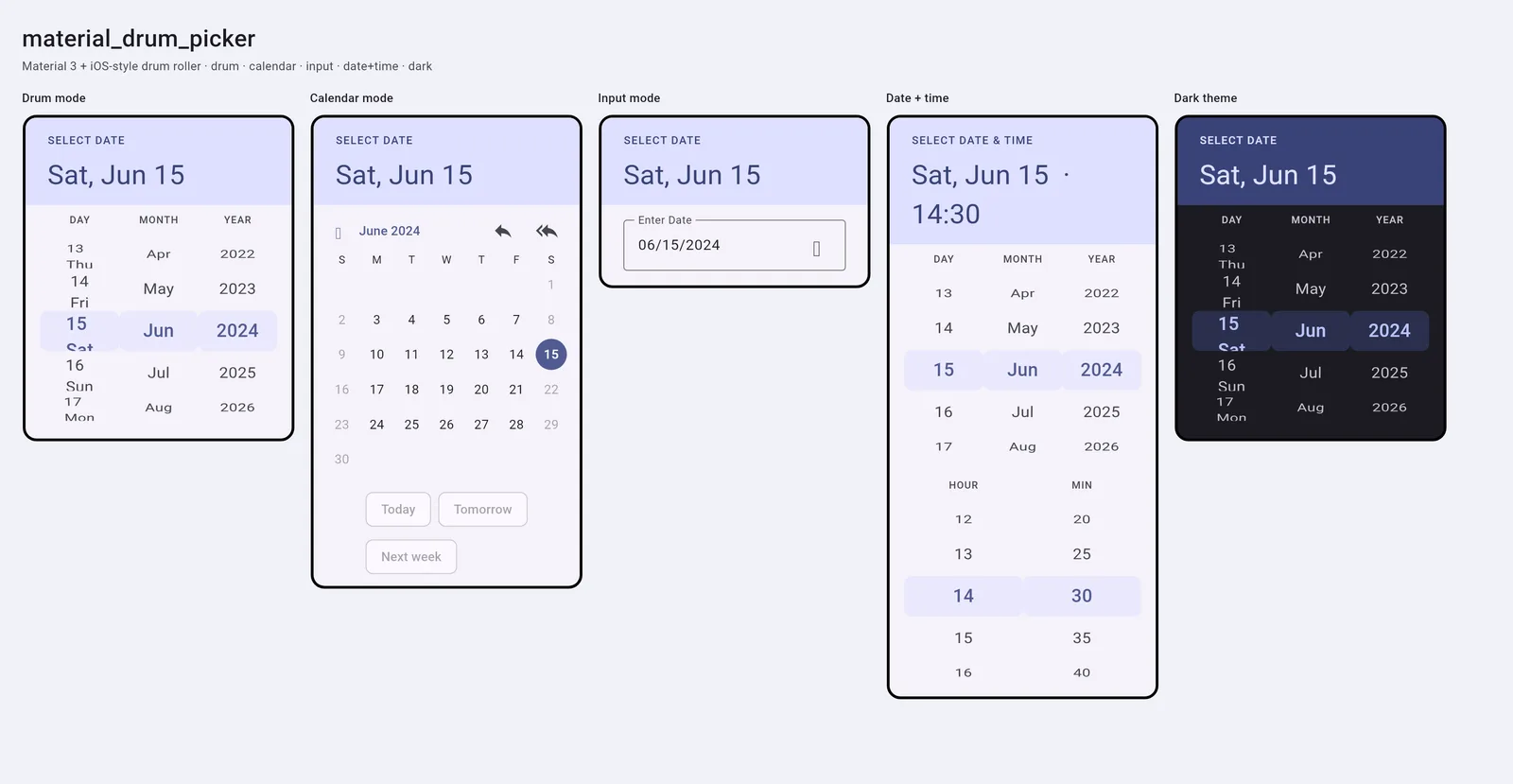 material_drum_picker shown in drum, calendar, input, date plus time, and dark theme modes